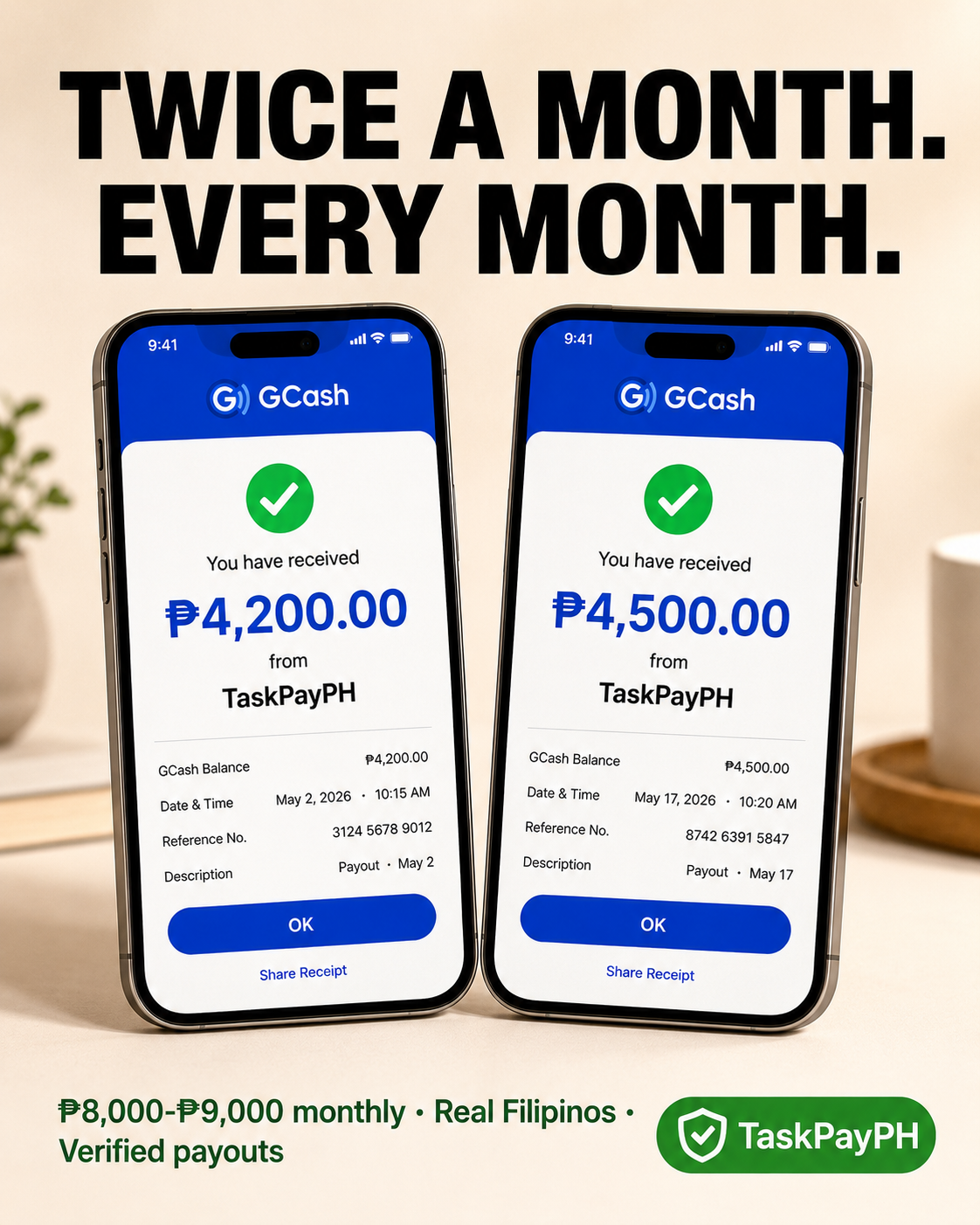 Two GCash receipts showing real bi-monthly payouts to Wave 10 pioneers