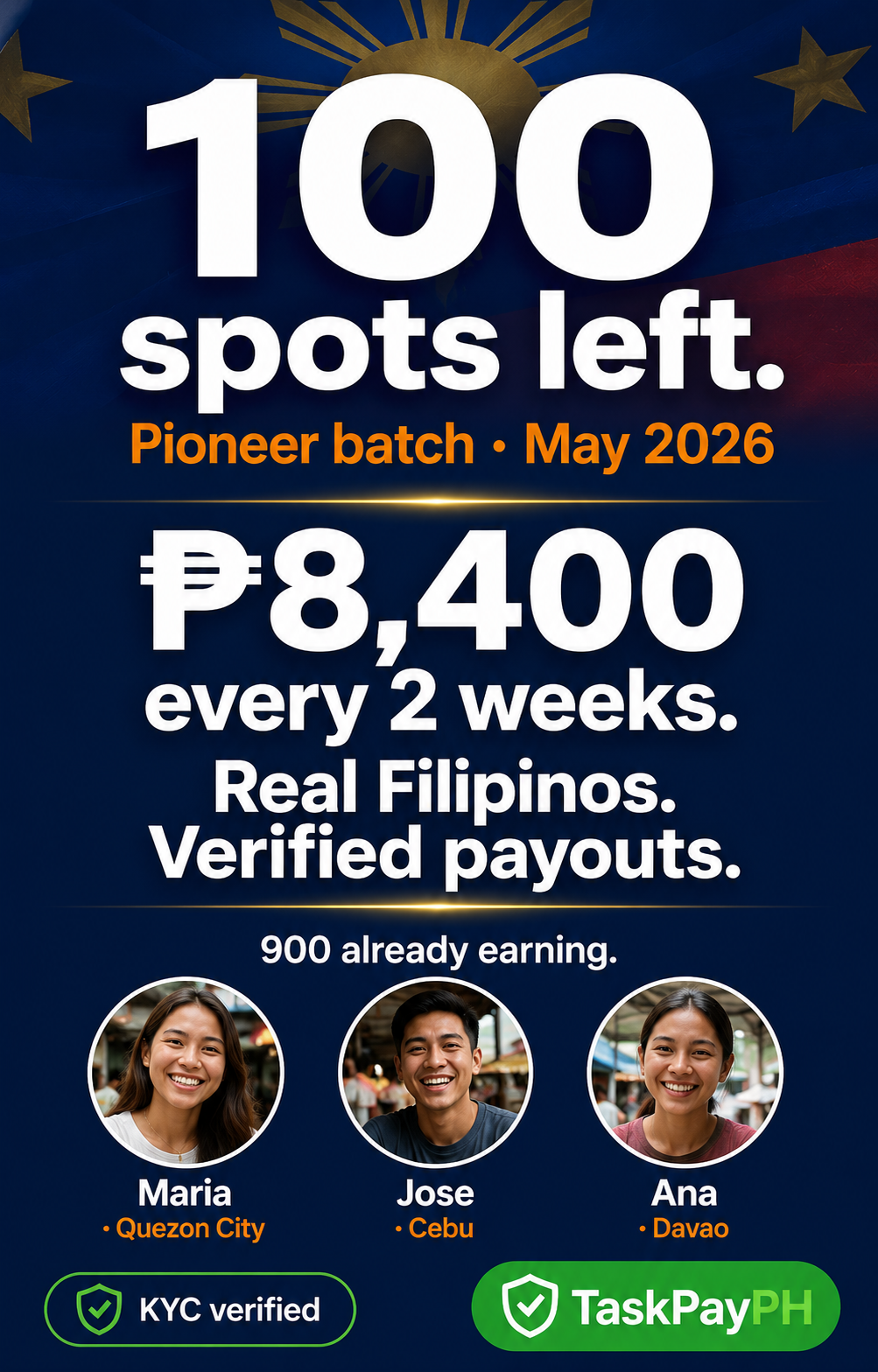 Wave 10 Pioneer batch: 100 spots left. Real Filipinos. Verified payouts. KYC verified.